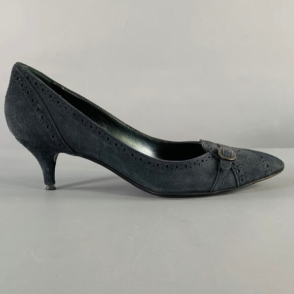SERGIO ROSSI Size 6.5 Navy Suede Perforated Kitten Heel Pumps - Picture 2 of 8
